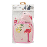 Pot Pad Glove Set featuring colorful flamingo and pineapple designs in a heat-proof protective packaging.